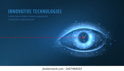 Human eye on blue background and red line. Ophthalmology concept, eye technology, digital vision, focus network, wireframe model, anatomy science, ophthalmologist health, eye disease.