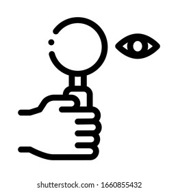 Human Eye Optical Research Icon Thin Line Vector. Hand Holding Magnifier Tool For Diagnostic Patient Eye Concept Linear Pictogram. Monochrome Outline Sign Isolated Contour Symbol Illustration