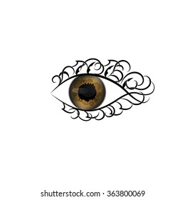 Human eye with ornament elements isolated on white background.