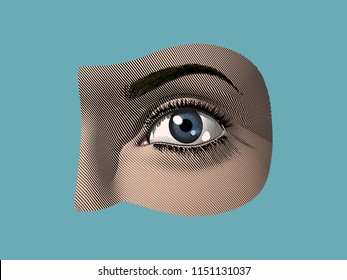 Human Eye Part Color Engraving Drawing Isolated On Vintage Blue Background