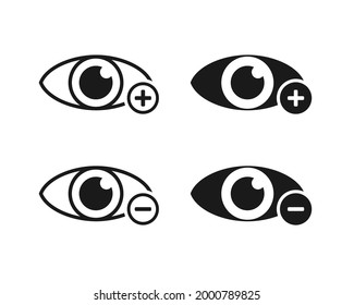 Human eye with plus and minus icon. Nearsighted and farsighted symbol. Hyperopia and myopia design. Vision problems. Illustration vector