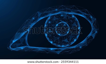 Human eye. A polygonal object made of interconnected lines and points. Blue background.