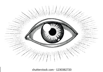 Human eye with rays tattoo hand draw vintage engraving isolated on white background