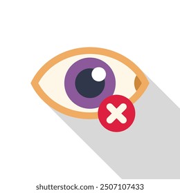 Human eye with red cross showing no looking sign, flat vector icon with long shadow