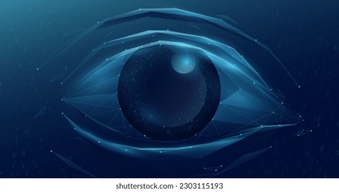 Human eye. Eye security technology with binary code. Eye safety scanner. Low polygons, triangles, wireframes, and particle style. Vector illustration