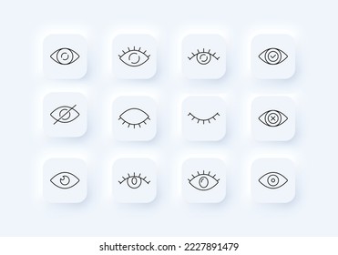 Human eye set icon. Open, closed, tick, checkmark, crossed out, obscene content, eyelid, eyelashes, pupils, cross, view error, see. Vision concept. Neomorphism style. Vector line icon for Business