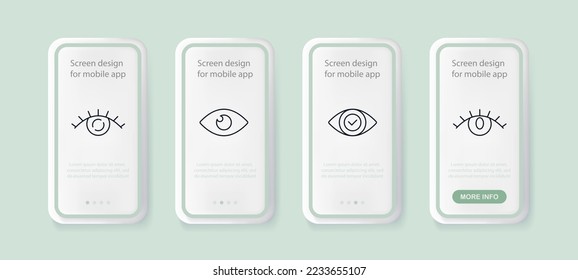 Human eye set icon. Ophthalmologist, eyesight, closed, tick, sight, checkmark, oculist, crossed out, eyelashes, pupils, cross, view error, see. Vision concept. Ui phone up screen. Neomorphism style