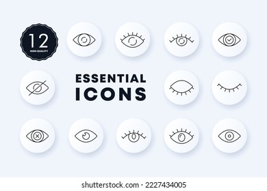 Human eye set icon. Sight, eyesight, closed, tick, checkmark, crossed out, obscene content, hide, eyelid, eyelashes, pupils, cross, view error, see. Vision concept. Neomorphism style. Vector line icon