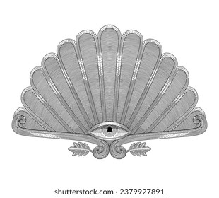  Human eye with shell and ornament and leaf. Vintage engraving drawing style vector illusration