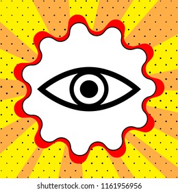 Human eye sign. Black icon in the bubble on a yellow background pop art. Vector.