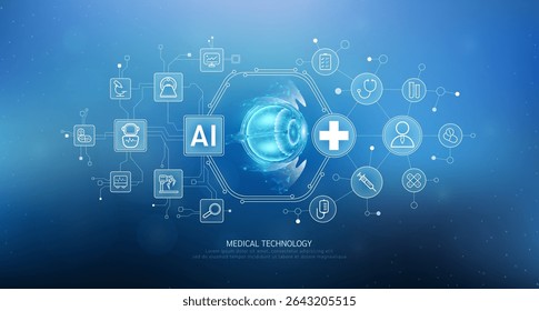 Human eye translucent with medical network icons on blue background. Artificial intelligence (AI) in health care technology. Innovation in digital health smart medical diagnostics. Vector. 