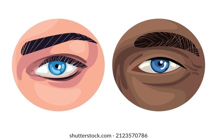 Human Eye of Various Color with Brow Curve and Skin Circle View Vector Set
