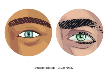 Human Eye of Various Color with Brow Curve and Skin Circle View Vector Set