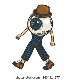 Human eye walks on its feet color sketch engraving vector illustration. Scratch board style imitation. Black and white hand drawn image.