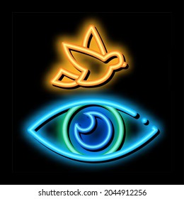 Human Eye Watching Fly Bird neon light sign vector. Glowing bright icon See Live Flying Bird, Anatomy Organ For Watch sign. transparent symbol illustration