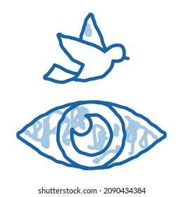 Human Eye Watching Fly Bird sketch icon vector. Hand drawn blue doodle line art See Live Flying Bird, Anatomy Organ For Watch sign. isolated symbol illustration