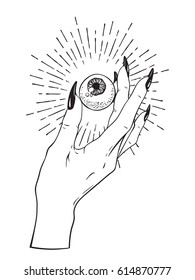 Human eyeball in female hand isolated. Sticker, print or blackwork tattoo hand drawn vector illustration.