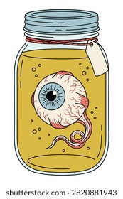 Human eyeball in glass jar with blank label. Halloween decoration or medical oddity. Scary illustration.