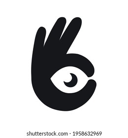 Human eyeball in hand ok gesture sketch engraving vector illustration. Good sign	