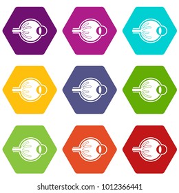 Human eyeball icon set many color hexahedron isolated on white vector illustration