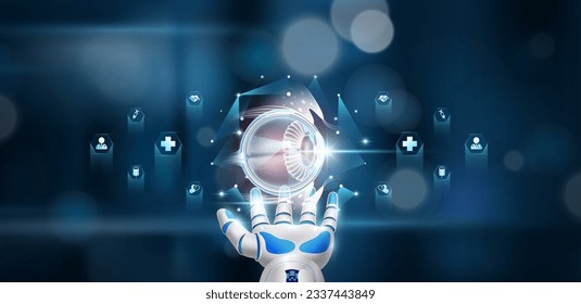 Human eyeball organ inside cube float in doctor robot hand on hospital background. Health care system innovative technology medical futuristic AI artificial intelligence cybernetic robotics. Vector.