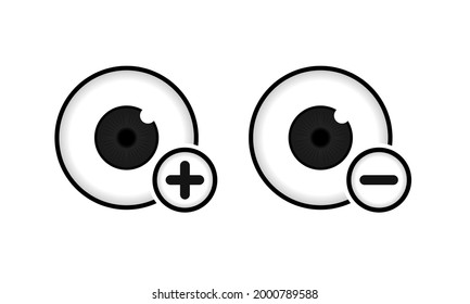 Human eyeball with plus and minus icon. Nearsighted and farsighted symbol. Hyperopia and myopia design. Illustration vector