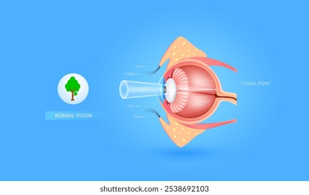 Anatomia do sistema do globo ocular humano sobre fundo azul. Visão normal. Visão clara dos objetos. Diagnóstico da ciência médica. Vetor EPS 10