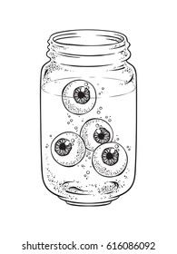 Human eyeballs in glass jar isolated. Sticker, print or blackwork tattoo hand drawn vector illustration.