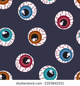 Patrón de Halloween sin fisuras en los ojos humanos. Caricatura plana zombi bolas oculares con vaso sanguíneo e iris colorido. Ilustración del vector aislada en fondo azul oscuro