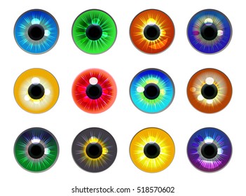 Human eyeballs iris pupils set, isolated on white background. Blue, purple, red, orange, gray, brown and green colors. Colorful eyes realistic vector illustration