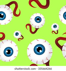Human eyeballs over green background. Seamless pattern. Funny cartoon pattern. Halloween idea.