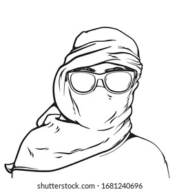 Human with eyeglasses in hot sunny desert with keffiyeh on the face, vector hand drawn sketch illustration isolated on white background