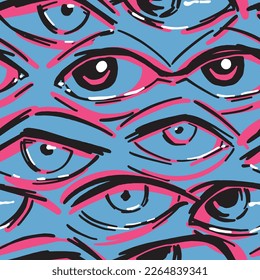Human eyes abstract vector seamless pattern. Ornament of eyes sketches. Hand drawn design in retro style.