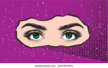 Human eyes collage pop art mixed media element in Retro grunge halftone dotted texture. 
retro pop art halftone grunge effect old newspaper print vintage cut-out collage element for mixed media design