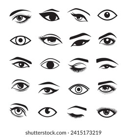 Human eyes icon set. Black eyes and eyebrows isolated on white background. Vector illustration.