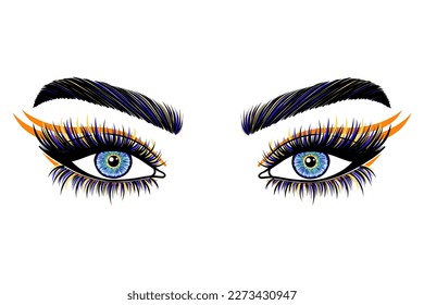 Human eyes with long lashes and bright makeup.