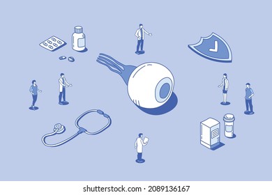 human eyes organs with doctor and nurse analysis health with outline isometric style