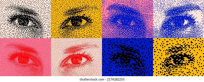 Human Eyes View Collage Background. Modern Abstract Pattern Horizontal Background With Texture, Geometric Composition. Design Item For Magazine, Leaflet, Billboard, Sale