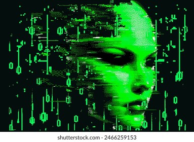 Cara humana que aparece por el ruido de los píxeles verdes. Ilustración vectorial sobre la relación entre realidad virtual y personas.