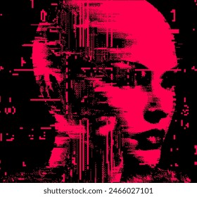 Human face appearing from red glitch noise. Vector illustration about the relationship between virtual reality and people.