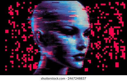 Human face appearing from red glitch noise. Vector illustration about the relationship between virtual reality and people.