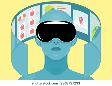 Human face in augmented or virtual reality glasses. Metaverse digital virtual reality technology, Vector illustration 