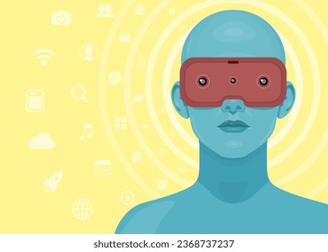 Human face in augmented or virtual reality glasses. Metaverse digital virtual reality technology, Vector illustration 