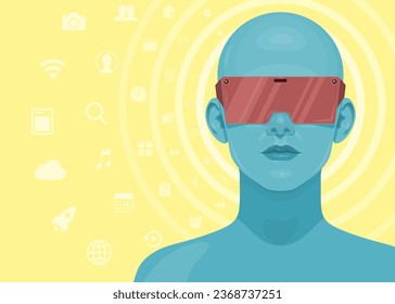 Menschliches Gesicht in Augmented Reality Brille. Metaverse digitale virtuelle Realität Technologie, Vektorgrafik 