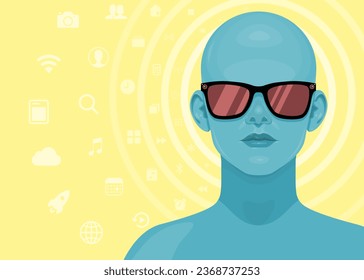 Human face in augmented or virtual reality glasses. Metaverse digital virtual reality technology, Vector illustration 
