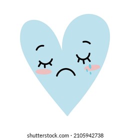 Human face blue heart with emotion of crying. Icon for the design of cards, decor, stickers for valentine's day and dates. Child flat doodle style isolated on white background