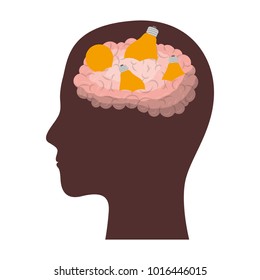human face brown silhouette with brain and light bulbs in colorful silhouette