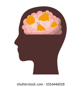 human face brown silhouette with brain and light bulbs in colorful silhouette