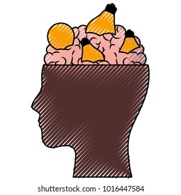 human face brown silhouette with brain exposed with light bulbs in colored crayon silhouette