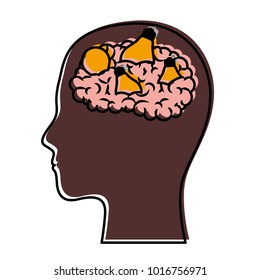 human face brown silhouette with brain and light bulbs in watercolor silhouette